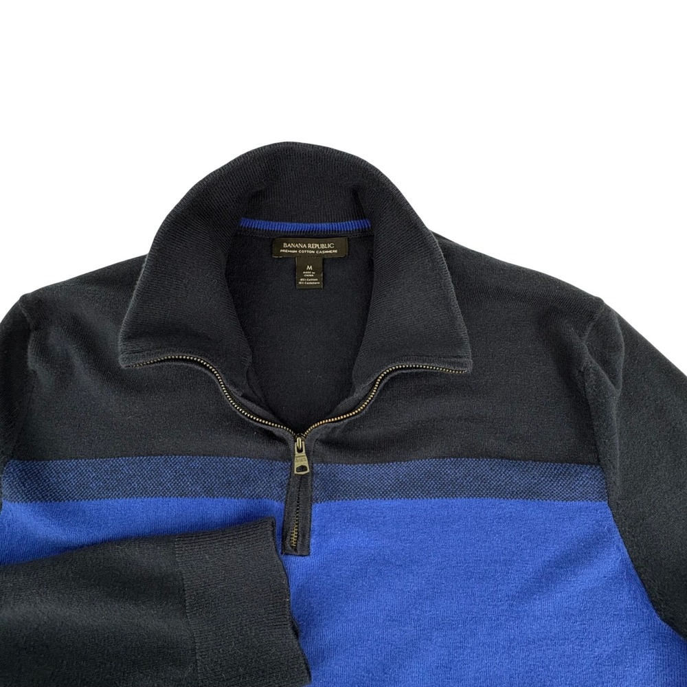 Banana Republic Mens Cotton Cashmere Quarter Zip Sweater Navy Blue Stripe M
